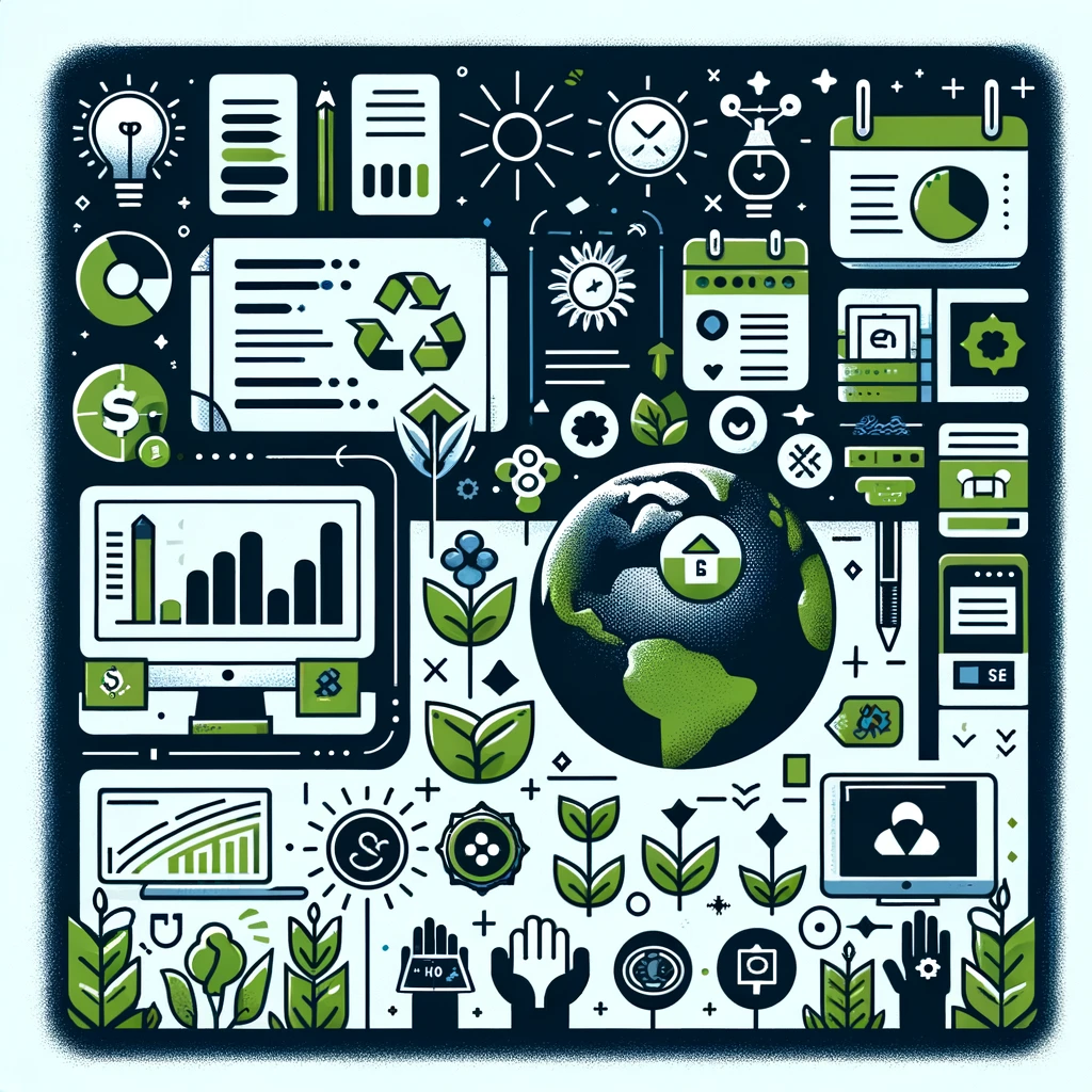 Infografik, die die Wichtigkeit von nachhaltigem und barrierefreiem Webdesign betont, dargestellt durch Symbole und Statistiken zu energieeffizienten Programmiermethoden und universellen Gestaltungsprinzipien