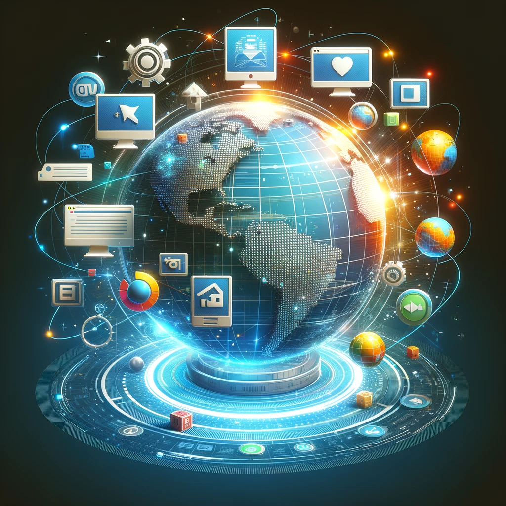 Eine digitale Weltkugel mit verschiedenen Website-Elementen, die um sie herumkreisen, symbolisierend die globale Reichweite und Konnektivität durch das Besitzen einer persönlichen oder geschäftlichen Website.